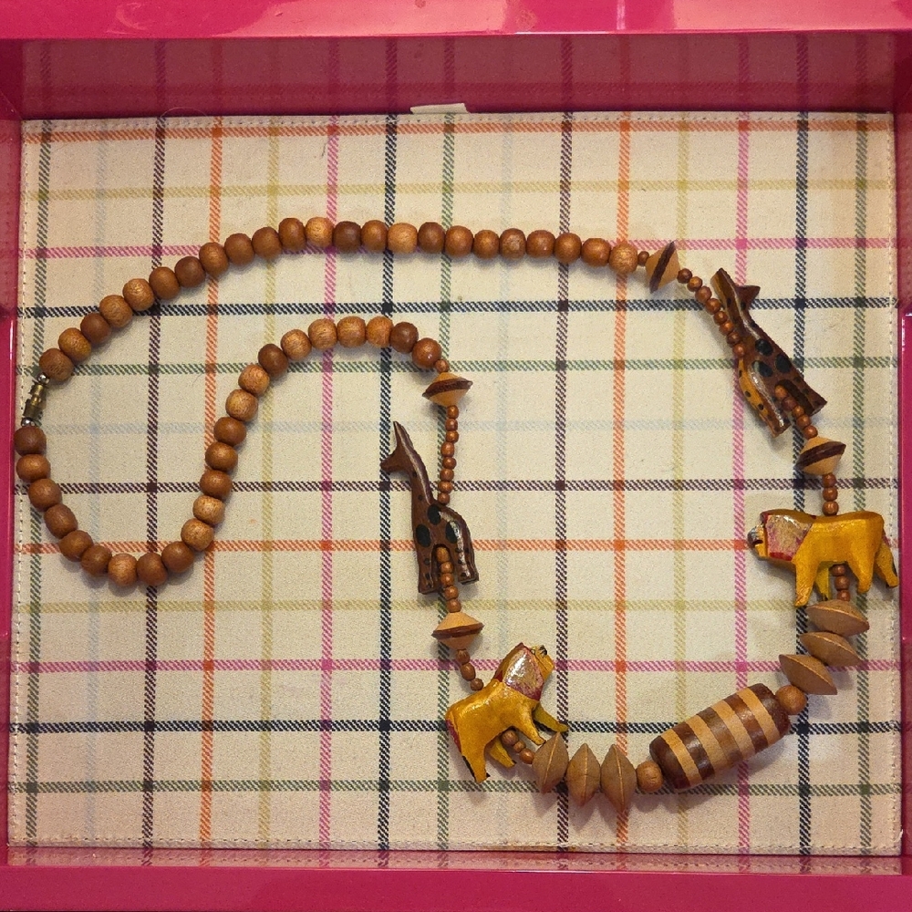 Vintage Wooden Animal Bead Necklace - Brown and Yellow